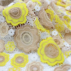 Milk Silk Yellow & Beige Floral Hollow Out Embroidery Crochet Lace Fabric for Summer Dresses & Kids’ Wear