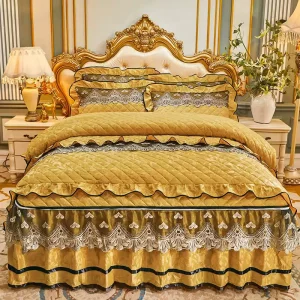 Milk Velvet Four-Piece Bed Skirt Set Lace-Trimmed Design European-Style Solid Autumn Winter Duvet Cover Coral Fleece Bed Home