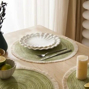 Minimalist Fringed Woven Eco Friendly Place Mats Natural Cotton Linen Braided Heat Resistant Decorative Coaster