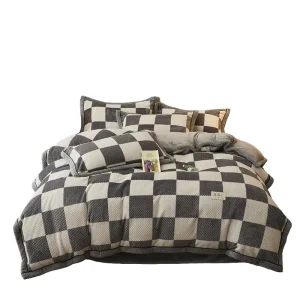 Minimalist Grid Pattern Double Sided Plush Bed Set Heat Retention Skin Friendly Milk Velvet Coral Fleece Duvet Cover Kit