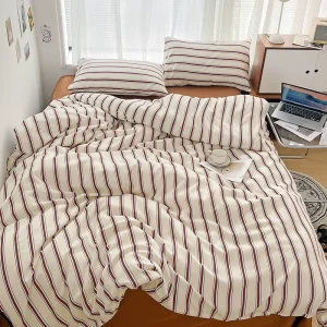 Minimalist Modern Vertical Stripe 110GSM Polyester 4PCS Duvet Cover Set Smooth Skin Friendly 200TC All Season Bedding
