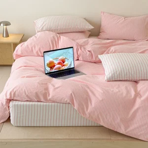 Minimalist Pink Stripe Duvet Cover Set Washed Cotton All Season Comfort