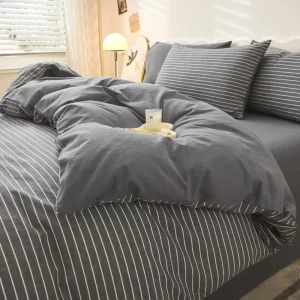 Minimalist Striped Washed Cotton 4-Piece Bedding Set, 100% Pure Cotton Bed Sheet & Duvet Cover Set for Home Use