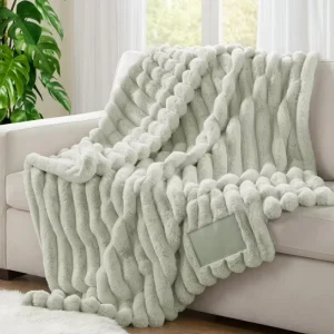 Mint Green Plushie Rabbit Fur Blanket Striped Embossed Pattern Sofa Bed Luxury Warm Plush Fleece Throw Flame Retardant King Size