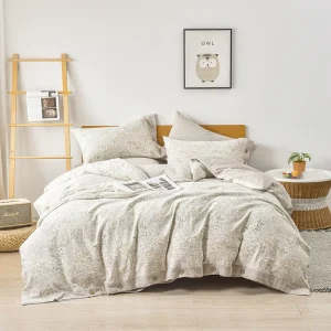 Modern 100% Cotton Four Piece Bedding Set Yarn Dyed Leaf and Forest Plant Design Woven Technique