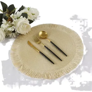 Modern 15″ Round Dark Grey Fabric Place Mats Heat Resistant Dinner Table Decor with Fuzz Balls