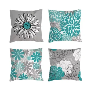 Modern 18×18 Turquoise Grey Decorative Throw Pillow Covers Set of 4 Daisies on Couch Cushion Bed Outdoor Home Decor