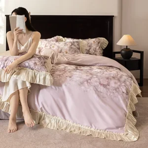 Modern 200TC Cotton Brushed Printed Lace Wedding Custom 4 Piece Bed Sheet Pillowcase Set Floral Pattern All Season Fade
