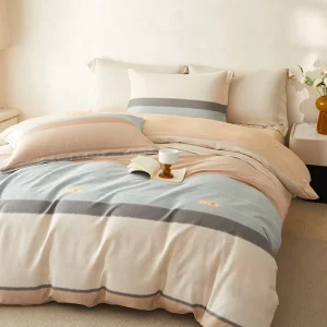 Modern 200TC Pure Cotton Skin Friendly Bedding Set Simple Stripe Pattern Quilt Cover Sheet Set All Season 4 Piece