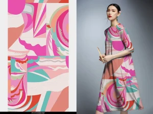 Modern Abstract Geometric Print 100% Polyester Woven Fabric 105GSM 60” Breathable Quick Dry Soft GRS Certified Girls Fashion