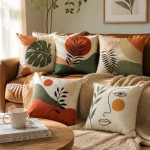 Modern Boho Line Art Cushion Cover Soft Polyester Abstract Leaf Face Print Throw Pillow Case Shell for Living Room