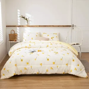 Modern Breathable Hypoallergenic Luxury Yellow Flower Printed All Season Machine Wash Bedding Comforter Sets for