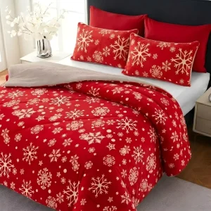 Modern Christmas 3 Pcs Flannel Fleece Sherpa Comforter Borrego Embossed Reversible Eco-Friendly Warm