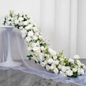 Modern Custom Wedding Decor White Silk Artificial Rose Flowers Table Runner Table Centerpiece and Aisle Floral Runner