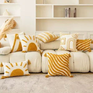 Modern Decorative Geometric Boho Tufted Throw Cushion Cover Gold with Tassels