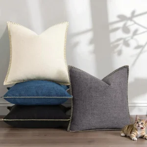Modern Decorative Throw Pillow Covers Square Faux Linen Bordered Pattern Stitched Edge Zipper