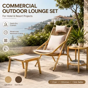 Modern Durable Aluminum PE Rattan Outdoor Lounge Chair Set with Ottoman and Side Table for Villa and Hotel Use