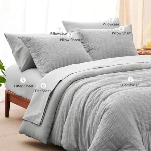 Modern Eco-Friendly All-Season 100% Polyester 7-Piece Full Seersucker Comforter Set with Ruffled Duvet Cover Fitted Flat Sheets