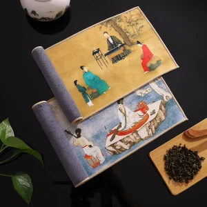 Modern Eco Friendly Linen Tea Mat Double Sided Water Absorbent Tea Strip Mat Vintage Figure Print Tea Table Runner
