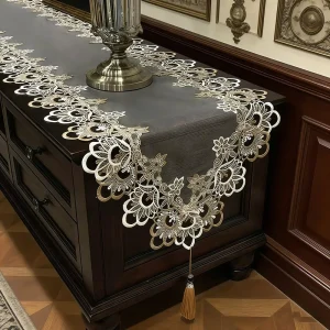 Modern Embroidered Water Soluble Lace Table Cloth Organza Flowered Semi Sheer Gauze Table Runner for Birthday Parties Weddings