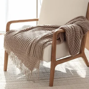 Modern Farmhouse Decor Scandinavian Knit Throw Blanket Thin Woven Striped Design Vintage Cartoon Neutral Tones for Living Room
