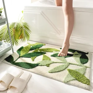 Modern Flocking Polyester Bathroom Antiskid Mat with Green Leaf Print Pattern Embroidered Tufted Bedroom Rug for Home Use