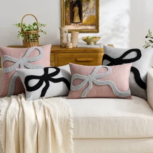 Modern Floral Tufted Bow Knot Decorative Throw Pillow Cover Soft Embroidered Removable Washable Faux Linen Cushion for Home Sofa