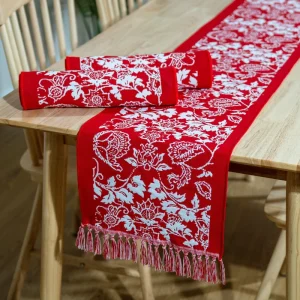 Modern Floral Woven Table Runner and Place Mat Set for Holiday Tables
