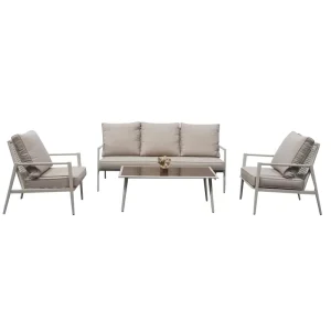 Modern Garden Sofa and Outdoor Table & Chair Set with Rope Waterproof Cushion