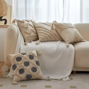 Modern Geometric Cotton Woven Tufted Decorative Throw Pillow Cover with Tassels