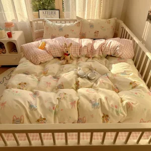 Modern Grid Pattern Washed Pure Cotton Eco Friendly All Season Fitted Sheet Quilt Cover Pillowcases Home Four piece Set Custom