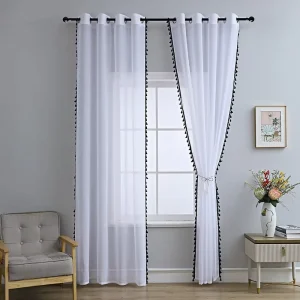 Modern Grommet Ready Made Home Decoration Living Room White Black 100% Polyester Flame Retardant Translucent Curtain
