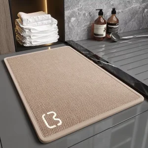 Modern Home Logo Solid Color Linen Cat Design Bath Tub Mat Non Slip Rubber Backing Water Absorbent Heavy Duty