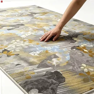Modern Ink Floral Grey Gold Abstract Flower Printing Latex Nylon Area Rug for Living Room Bedroom Hotel