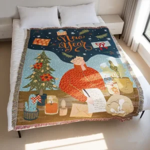Modern Jacquard Weave 100% Cotton Solid Christmas Pattern Portable Tapestry Blanket Four Seasons Use