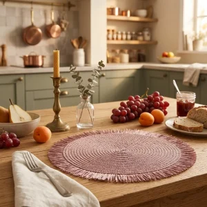 Modern Japanese Style Solid Round Straw Knitted Place Mat with Tassels for Home Wedding or Banquet Made of Paper