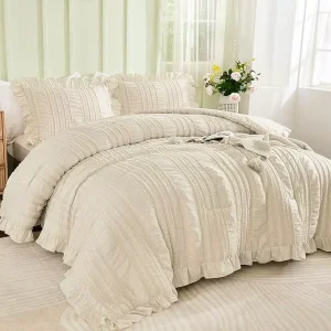 Modern King Size Comforter Set 3-Piece Ruffle Farmhouse Shabby Chic Boho Eco-Friendly All-Season 100% Polyester Soft Bed
