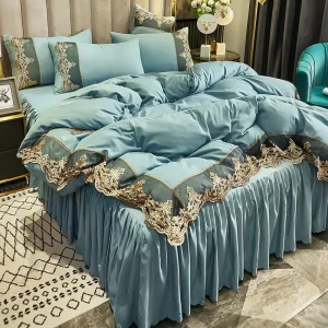 Modern Lace Woven Customizable Bed Skirt Four piece 100% Polyester Duvet Cover Cotton Filling Air permeable 250tc Sheets