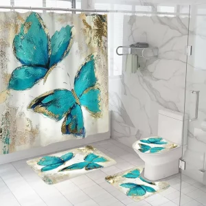 Modern Luxury Butterfly Pattern Bath Curtain Set of Four Pieces Bathroom Water absorbing Anti slip Floor Mat Set