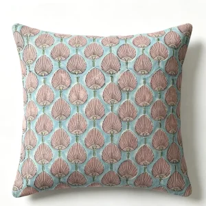 Modern Luxury Farmhouse Block Printing Throw Pillow Covers for Sofa Chair Bed Living Room & Hotel Use 100% Cotton Pink Blue