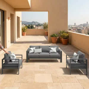 Modern Luxury Outdoor Sofa Set Grey Aluminum Frame Sectional Patio Furniture Waterproof Deep Seating Garden Couch Set with Table