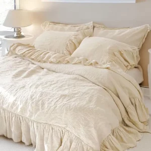 Modern Luxury Queen King Size Bed Sets High Quality 3 Piece Comforter Ruffled Set Pillow Woven Style Linen Bedding