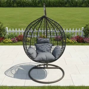 Modern Metal Egg Hanging Chair Black Outdoor Swing with Quick Dry Cushion for Garden Balcony & Park
