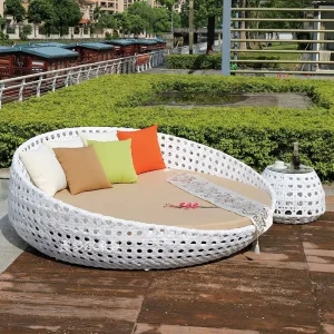 Modern Minimalist Outdoor Rattan Round Bed and Chair with Cushions for Patio Veranda Villa Garden Beach Use