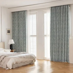 Modern Minimalist Sky Blue Leaf Print Chenille Blackout Curtain Thick Window Drape for Bedroom Living Room