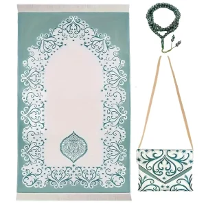 Modern Minimalist Soft Islamic Prayer Rug Set with Crossbody Carrying Bag and Prayer Beads 70x110cm Lightweight Travel Janamaz