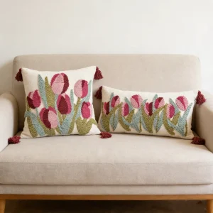 Modern Minimalist Style Instagram inspired Chenille Throw Pillow Cover Floral Embroidery Tassels Square Customizable Living Room