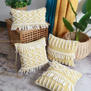 Modern Moroccan Embroidery Fringed Square Luxury Cushion Cover Boho Tufted Geometric Throw Pillow Case Zipper Closure
