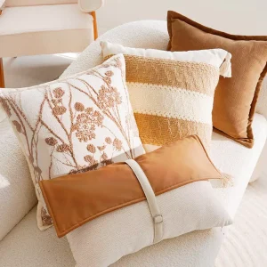 Modern Neutral Floral Embroidered Throw Pillow Soft Fleece Decorative Cushion for Sofa Bed Couch Farmhouse Home Decoration