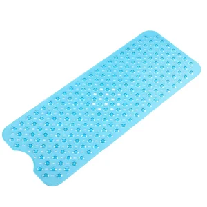 Modern Non Slip Washable Thin PVC Oval Bath Mat 40×16 Inches with Polka Dot Pattern Suction Cups Drain Holes for Home Hotel Use